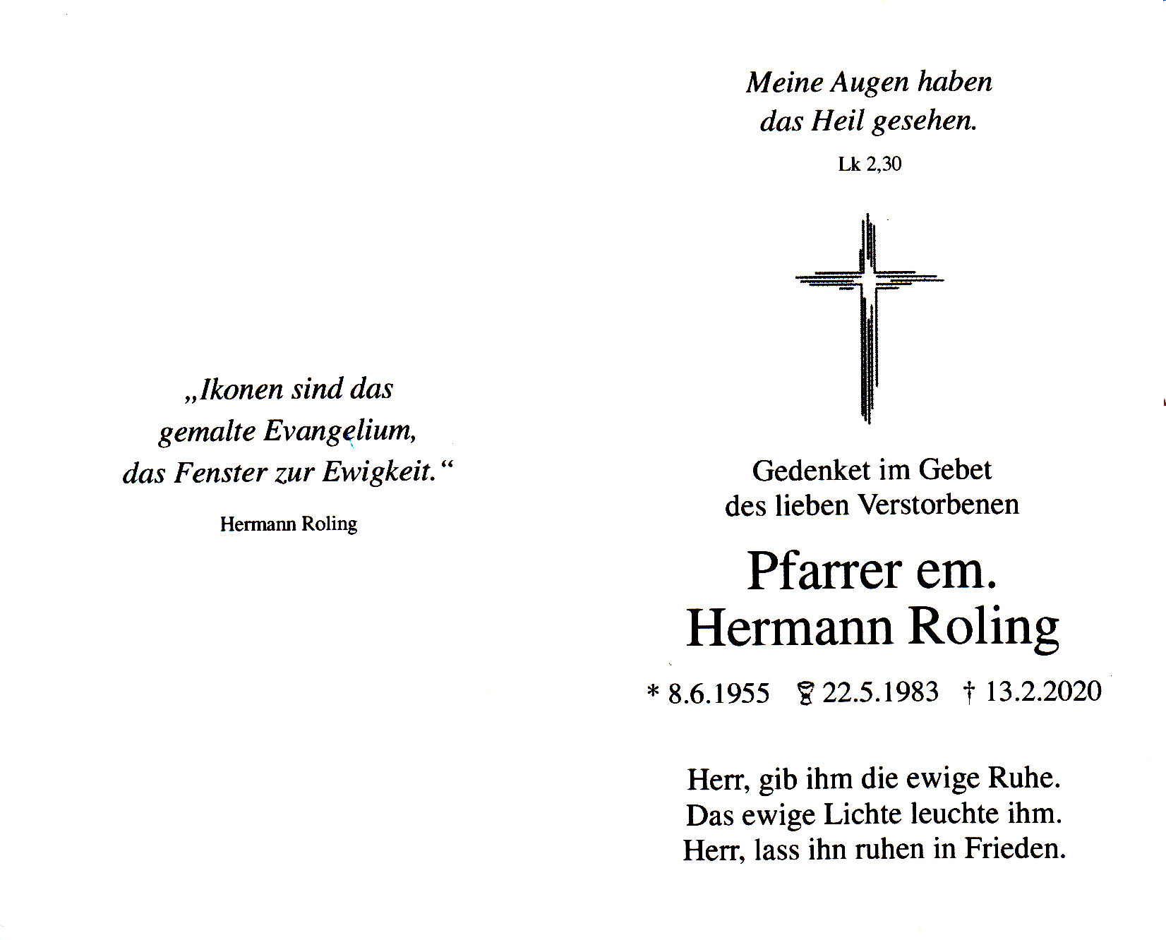 Totenbildchen Hermann Roling innen